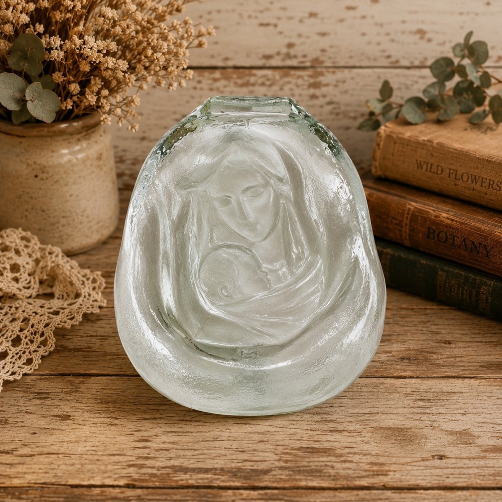 Vintage Art Glass Mary and Jesus Paperweight Figurine Clear Frosted Religious